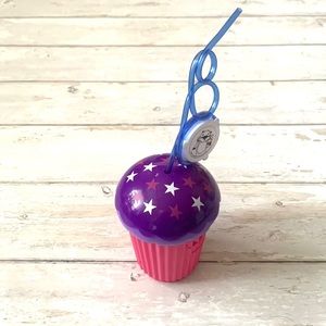 Girls Cupcake Sippy Cup Pink Purple & Crazy Straw Set Kids Dishes
